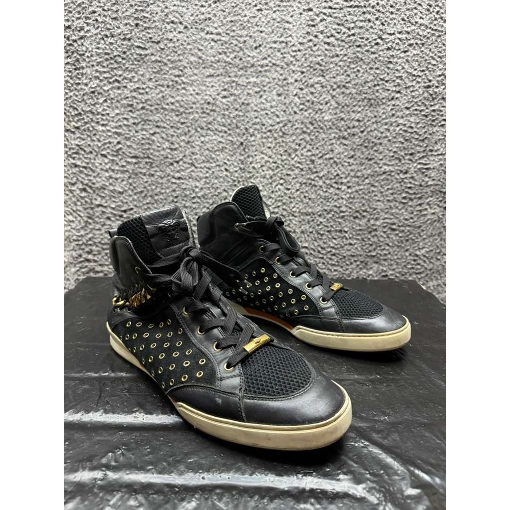 Versace High-Top Leather Lace-Up Sneakers Black Gold Mens Size 45 EU